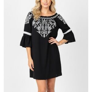 Charter Club Spring Horizon Dress Embroidered Black S Bell Sleeve Boho Party Mod